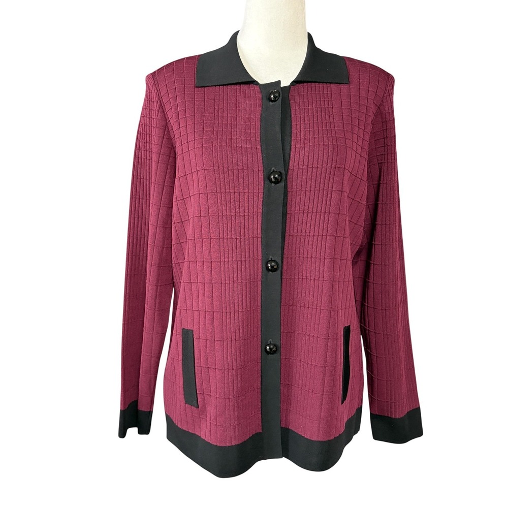 Exclusively Misook Cardigan Sweater Womens Small Red Black Collared Knit Pockets